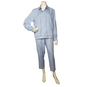 Vintage Alfred Dunner Pant Suit 2 Piece Womens 12 Blue Embroidered Made USA 90s